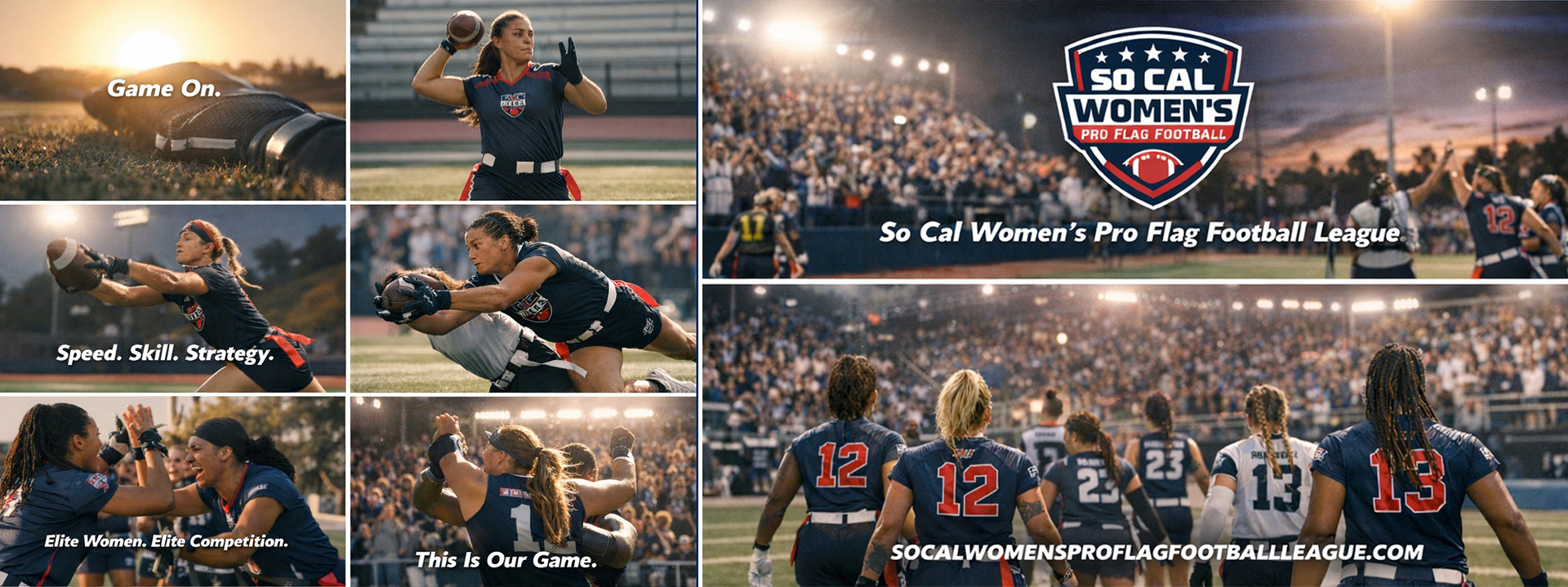 SCWPFFL promotional banner — Game On. Speed. Skill. Strategy. Elite Women. Elite Competition. This Is Our Game.